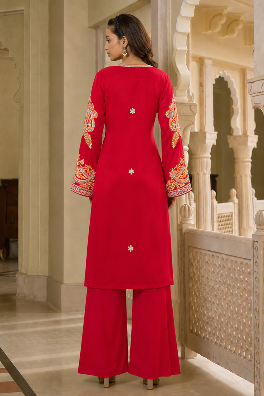 Ruby Red Embroidered Kurta Set with Palazzo Pants