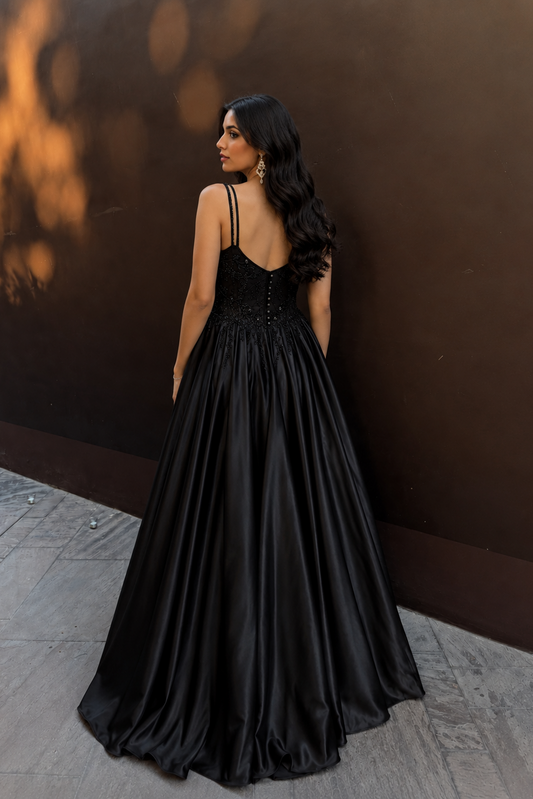 Midnight Satin Evening Gown in Black