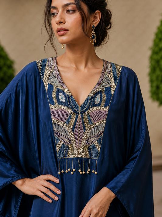 Midnight Blue Embellished Kaftan Co-Ord Set for Women