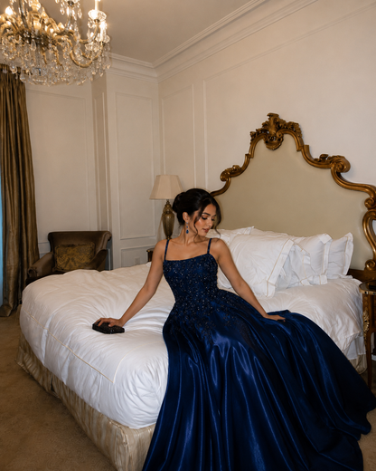 Royal Sapphire Satin Gown in Midnight Blue