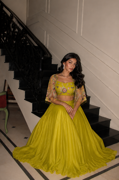 Lime Yellow Lehenga Set with Cape
