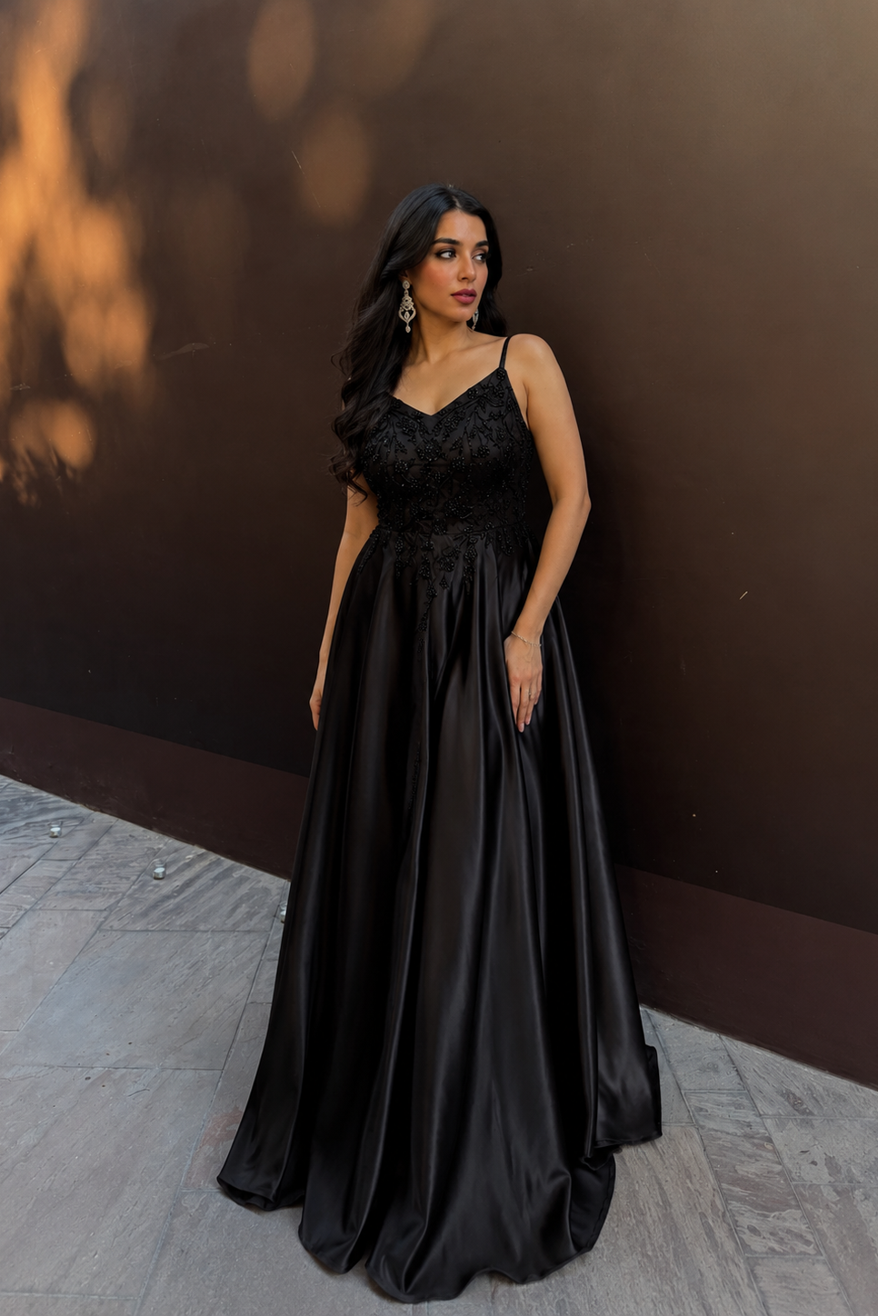 Midnight Satin Evening Gown in Black