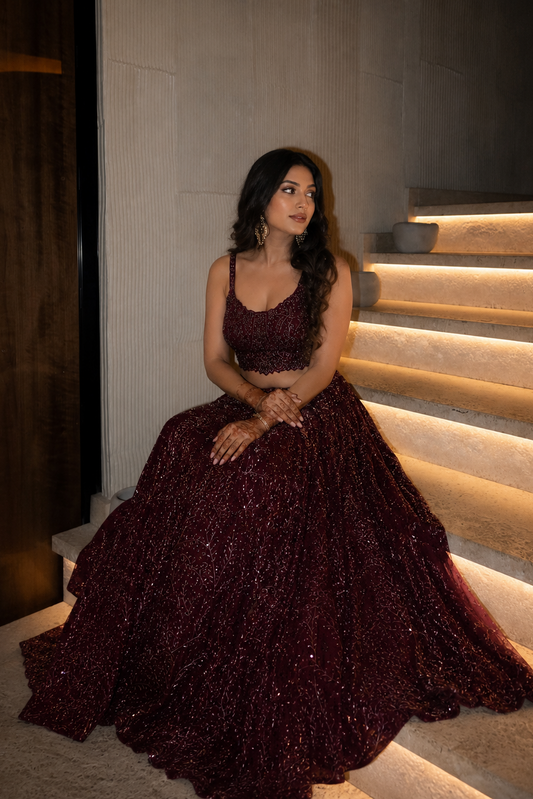 Wine Sequin Embroidered Lehenga Set