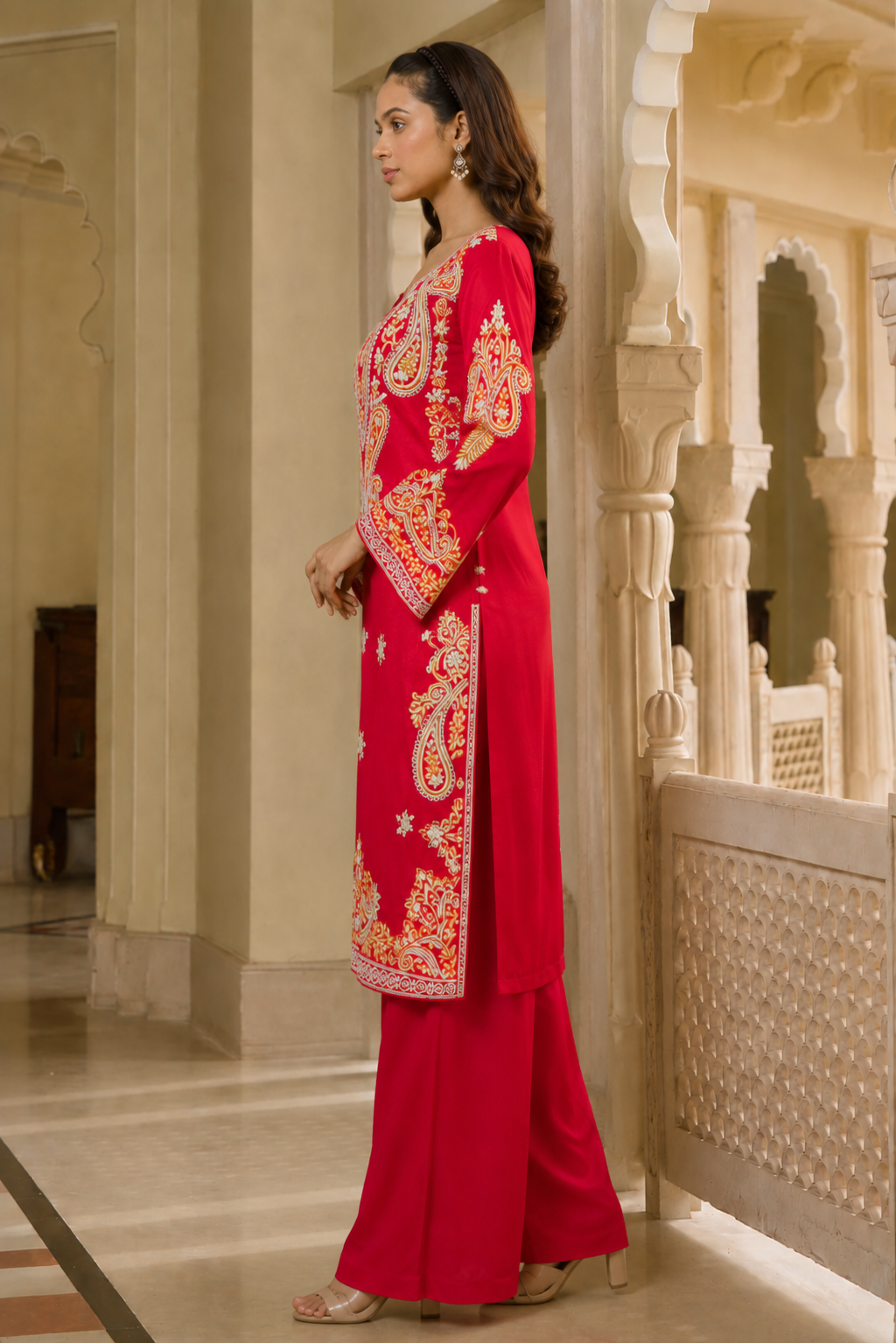 Ruby Red Embroidered Kurta Set with Palazzo Pants