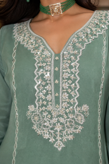 Zayra Sage Green Embroidered Suit Set