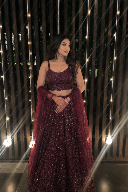 Wine Sequin Embroidered Lehenga Set