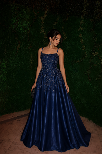 Royal Sapphire Satin Gown in Midnight Blue