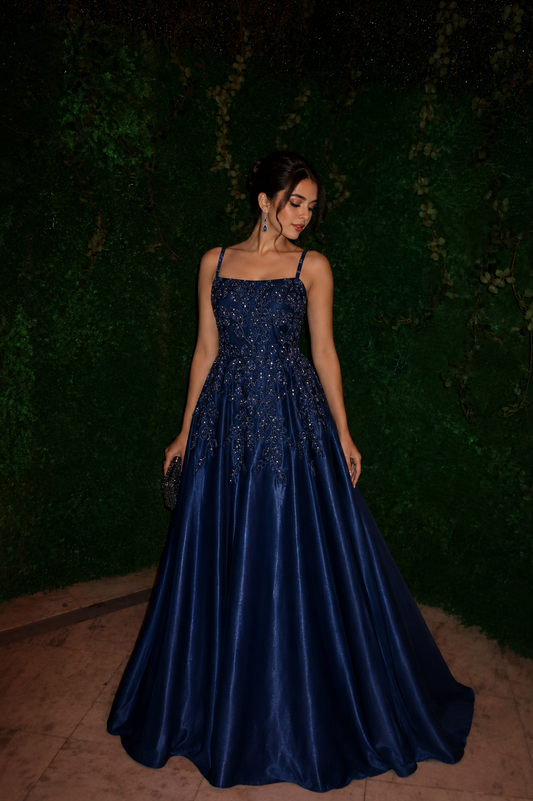 Royal Sapphire Satin Gown in Midnight Blue