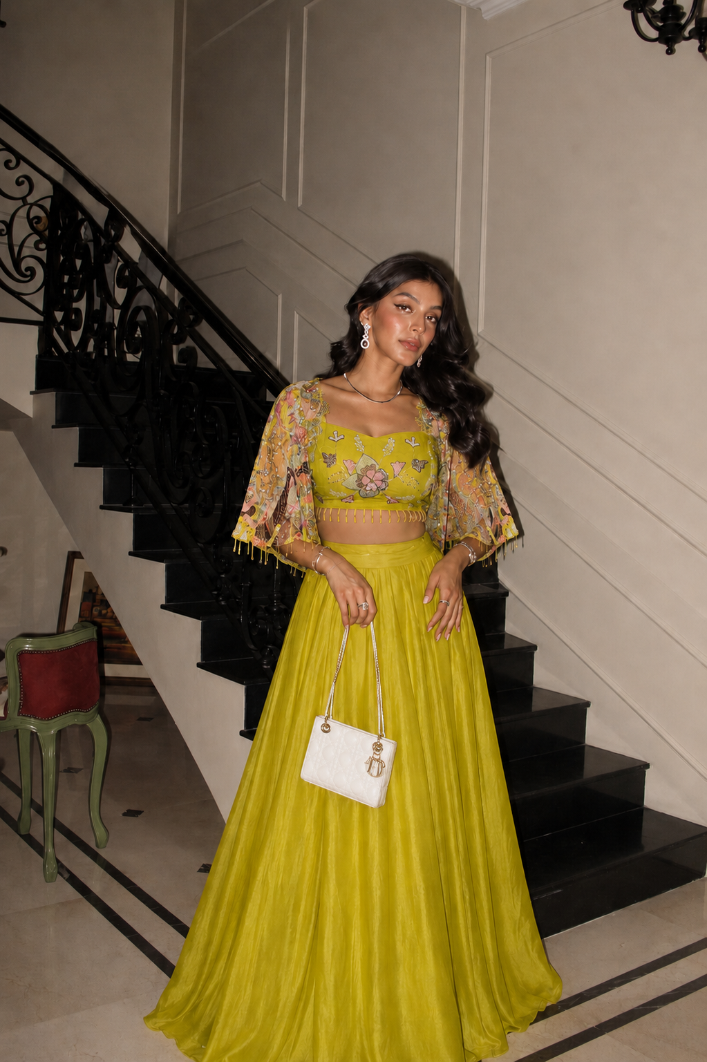 Lime Yellow Lehenga Set with Cape