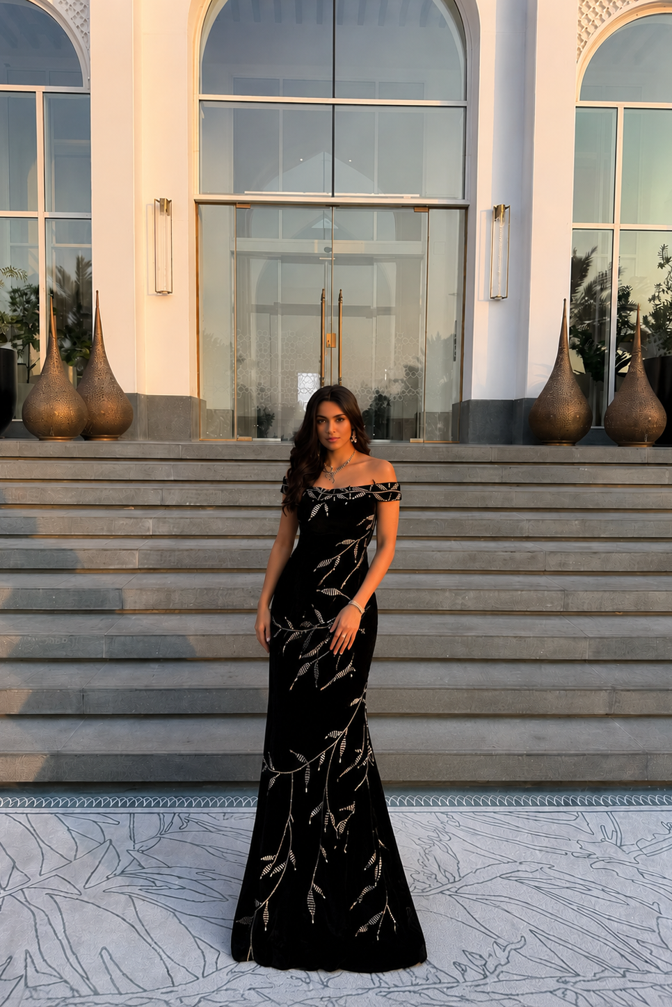 Midnight Blue Velvet Embroidered Off-Shoulder Dress