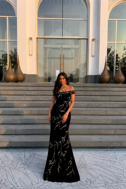 Midnight Blue Velvet Embroidered Off-Shoulder Dress