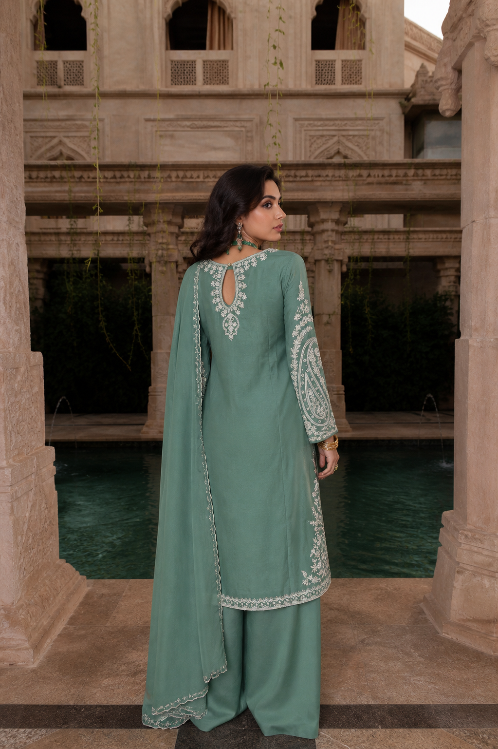 Zayra Sage Green Embroidered Suit Set