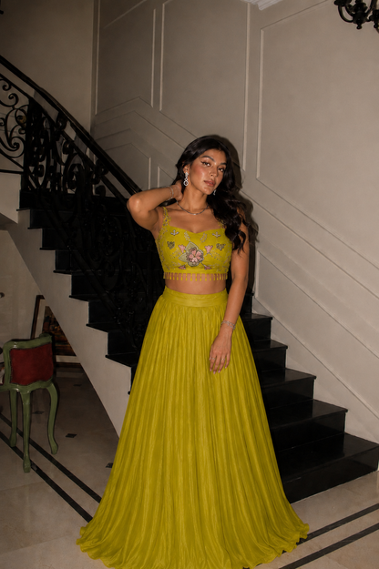 Lime Yellow Lehenga Set with Cape