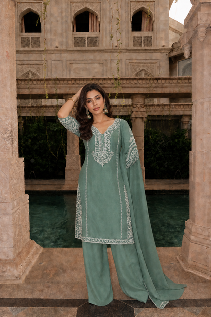 Zayra Sage Green Embroidered Suit Set