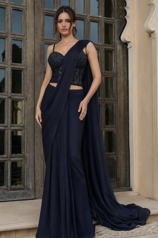 Haseena Corset Saree in Midnight Blue