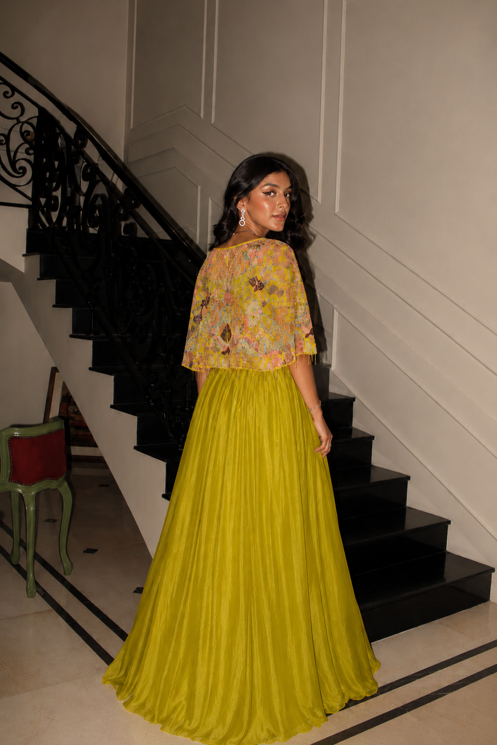 Lime Yellow Lehenga Set with Cape