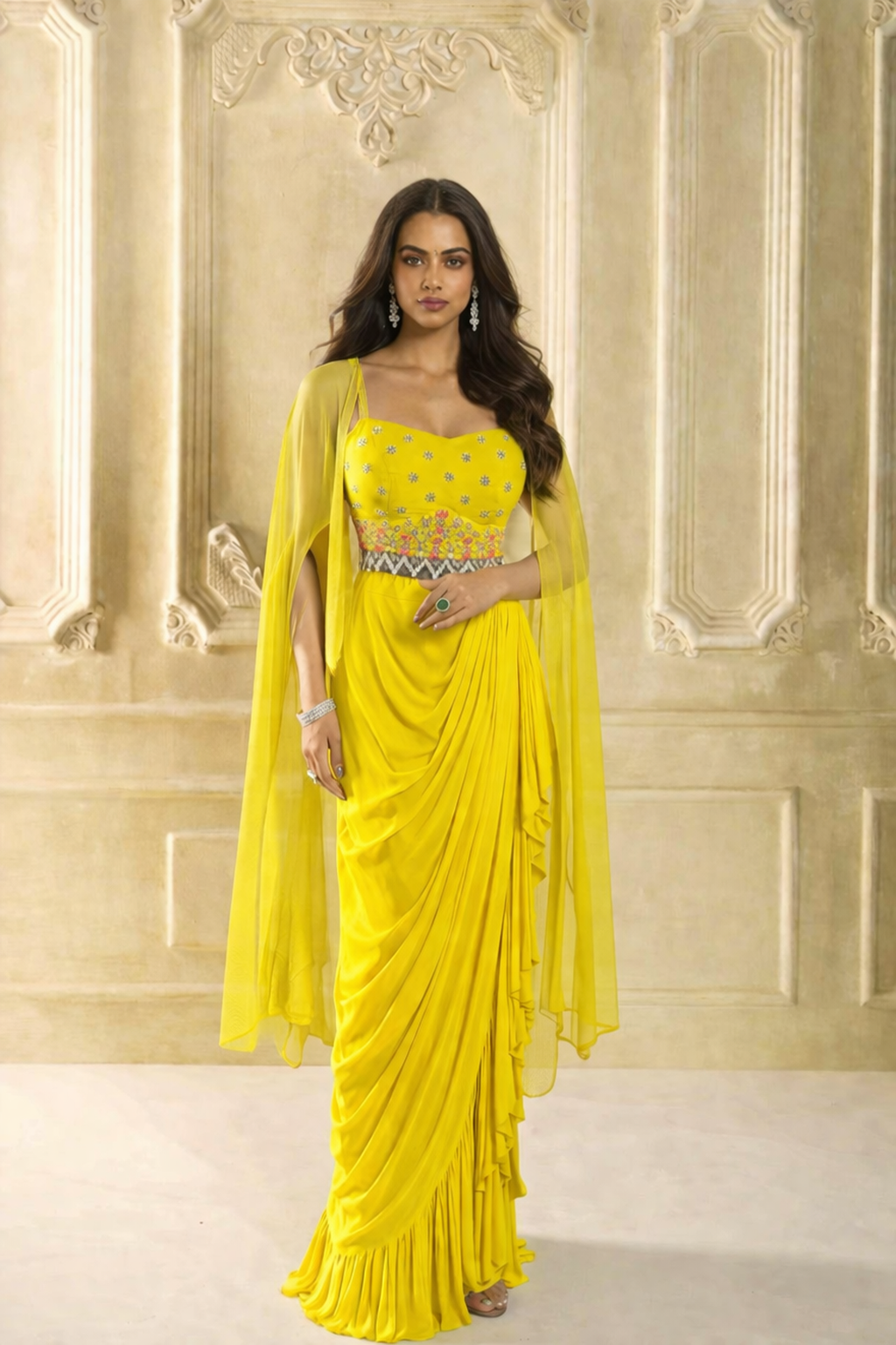 Sunburst Embellished Skirt Set in Yellow