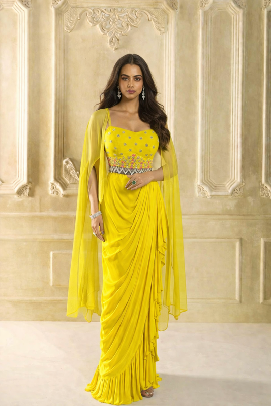 Sunburst Embellished Skirt Set in Yellow