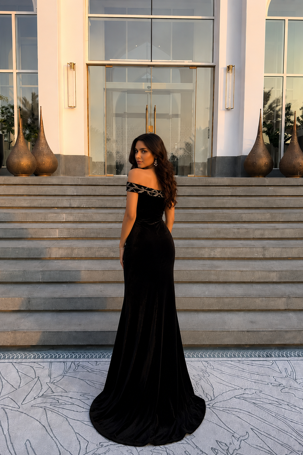 Midnight Blue Velvet Embroidered Off-Shoulder Dress