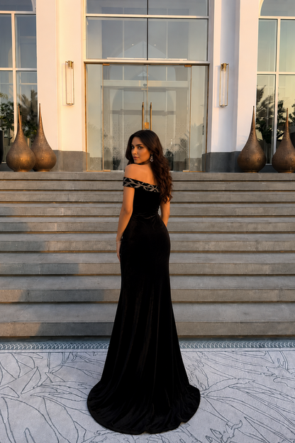 Midnight Blue Velvet Embroidered Off-Shoulder Dress
