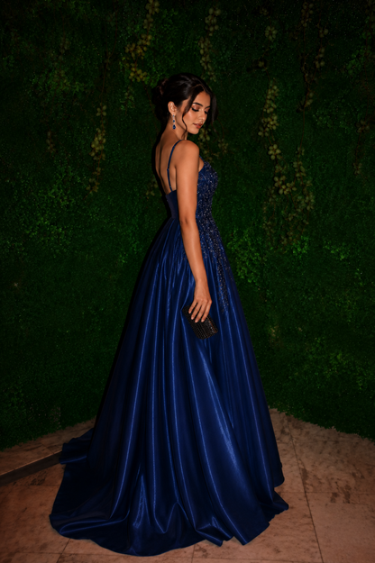 Royal Sapphire Satin Gown in Midnight Blue