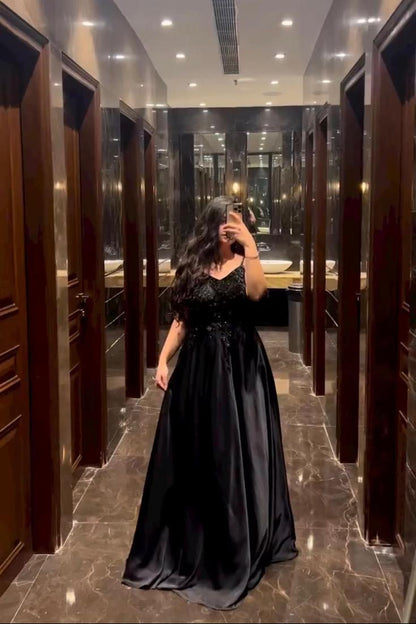 Midnight Satin Evening Gown in Black