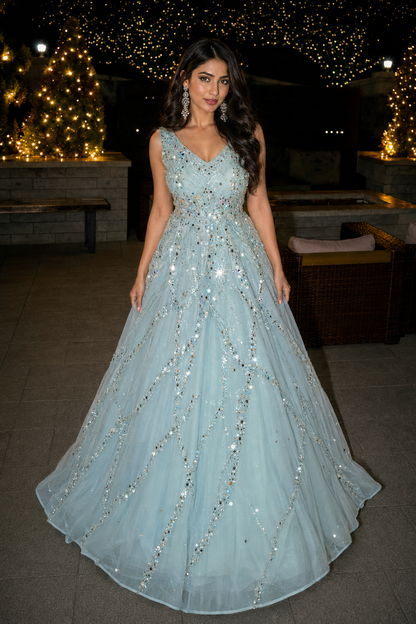 Frozen Elegance Mirrorwork Princess Dress