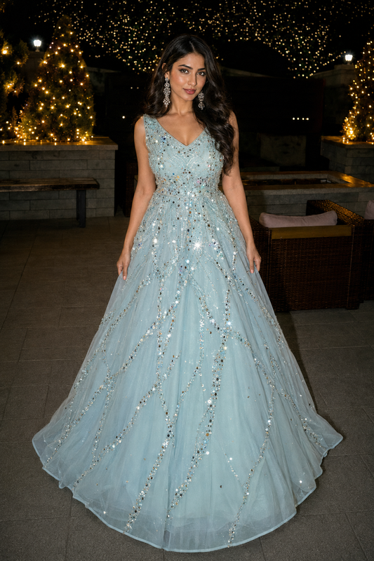 Frozen Elegance Mirrorwork Princess Dress