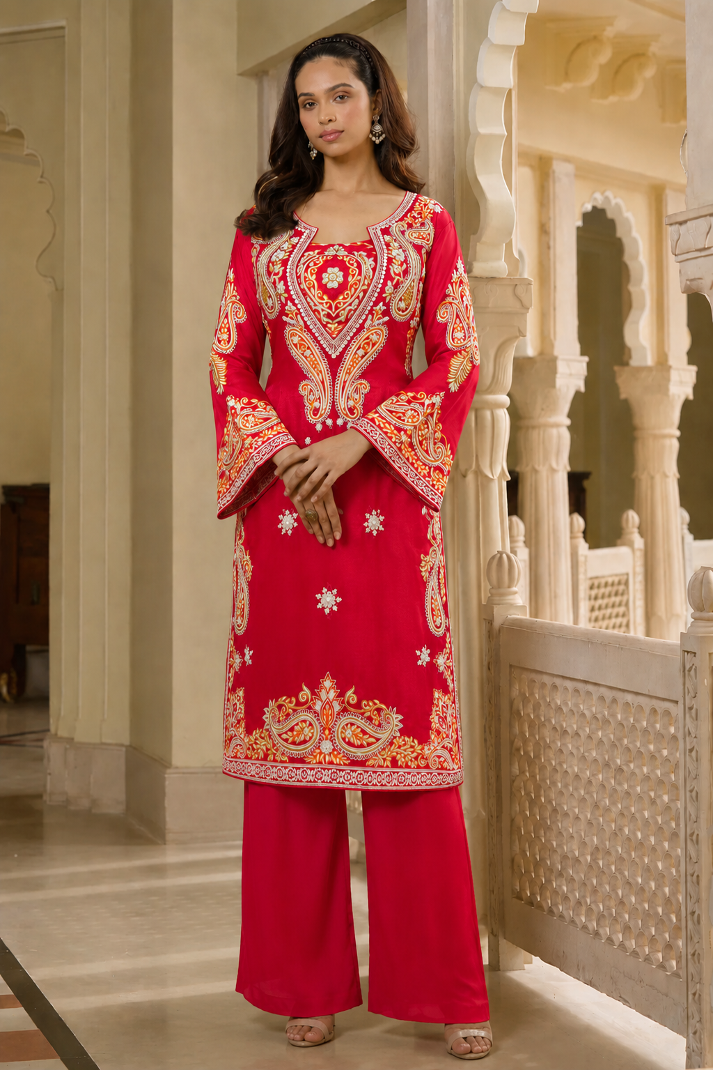 Ruby Red Embroidered Kurta Set with Palazzo Pants